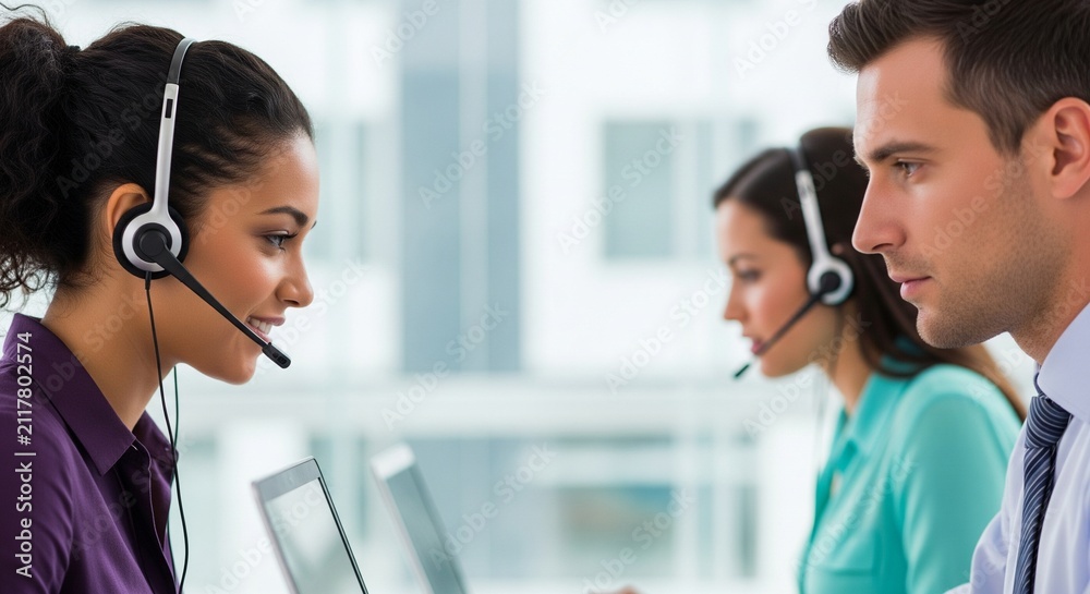 Fototapeta premium Diverse customer service team working together in a modern, wearing headsets and looking