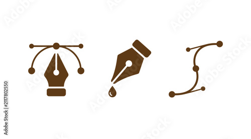 Digital graphic design tools set including pen tool and vector bezier path icons with illustration software creative interface drafting designer workspace computer
