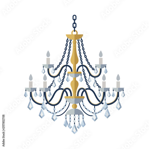 Elegant crystal chandelier with glowing candle lights.