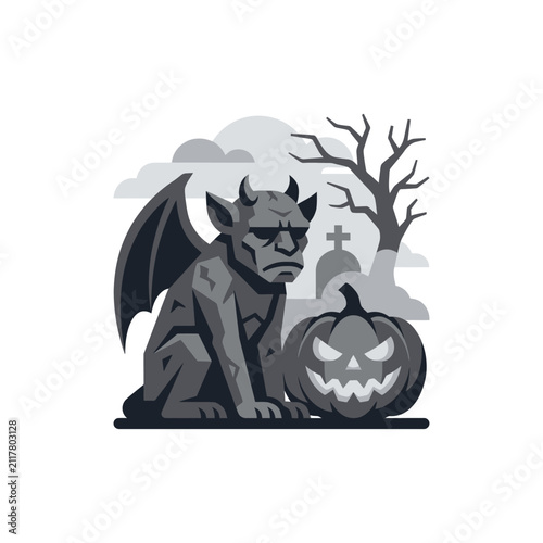 Stone gargoyle and jack-o-lantern in misty cemetery.