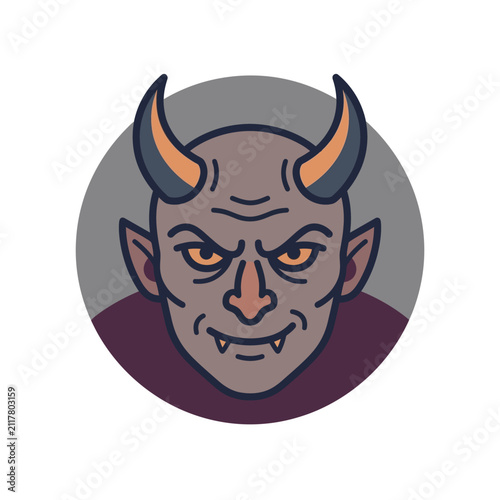 Purple demon head icon with horns in circle.