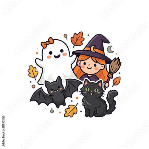 Cute Halloween characters including ghost, witch, and cat.