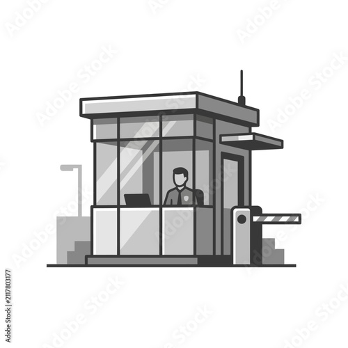 Security booth with guard and barrier gate.