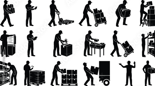 Set of warehouse workers and logistics staff performing various manual labor tasks in a black silhouette