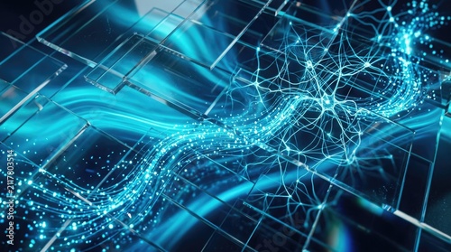 Cybernetic neural network illustration featuring glowing blue data lines and complex digital connections across an abstract futuristic tech landscape