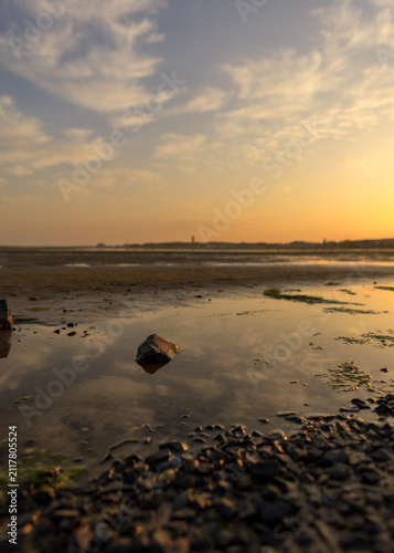 Fotografía Romantic soft focus image at the harbor of Terschelling at ebb tide during sunse