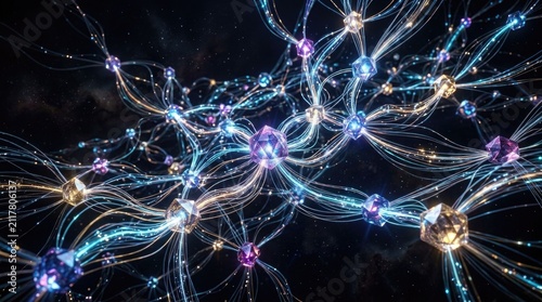 Abstract digital neural network visualization featuring interconnected glowing nodes and flowing light filaments representing complex data connectivity flow