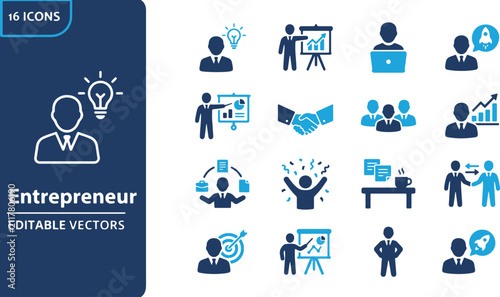 Business entrepreneurship icon set featuring startup strategy leadership teamwork management concept vector illustration