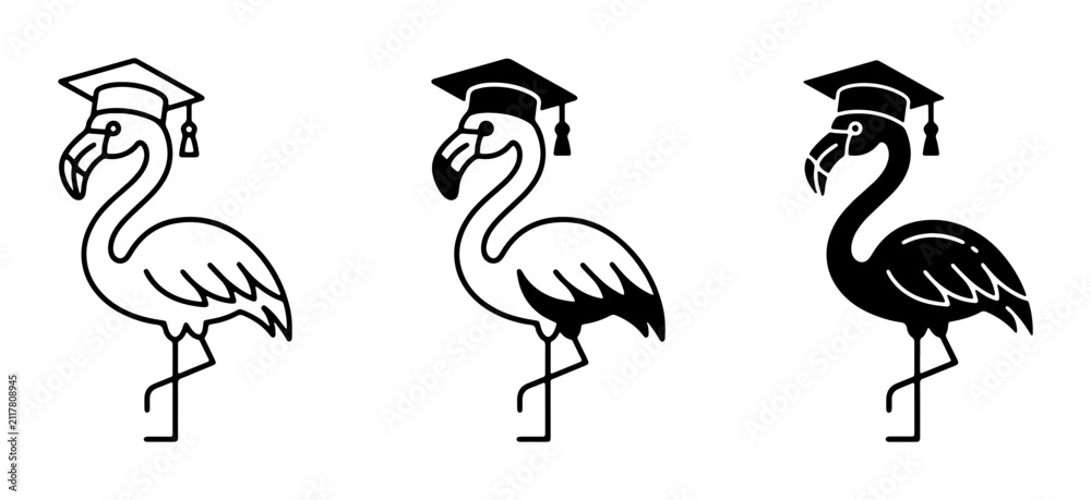 Obraz premium Graduation Flamingo Icons, Elegant Bird Symbols, Academic Achievement Vector Art, Education Concept Graphics