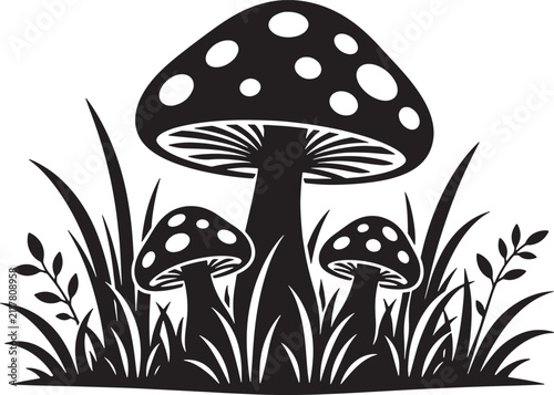 Three wild mushrooms with grass blades silhouette mushroom silhouette