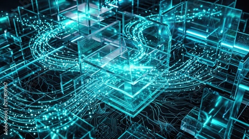 Abstract digital background featuring glowing cyan data streams flowing through transparent glass block structures for artificial intelligence system