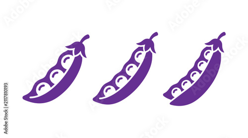 Set of three purple pea pod illustrations featuring open shells and peas vegetables illustration vegetarian ingredients nutrition silhouette culinary isolated