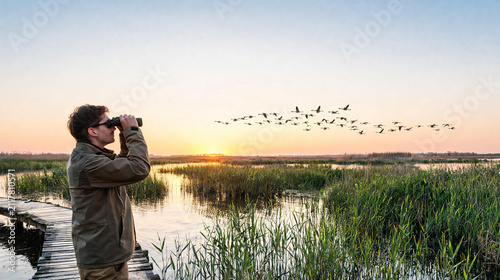 man looking through binoculars at flock of birds flying over wetlands at sunset, bird watching, wildlife watching, wetland landscape, outdoor adventure