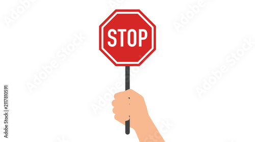 Vibrant vector illustration showing a human hand holding a classic red octagonal stop sign against a plain white background