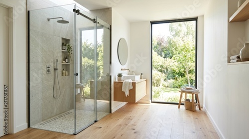 A modern, minimalist bathroom with a glass shower enclosure, wooden flooring, and a large window leading to a garden. 