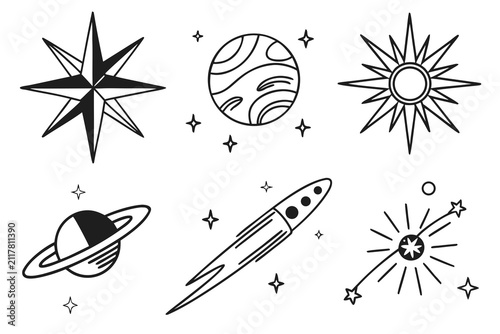 Set of solar system planets and stars with plus signs