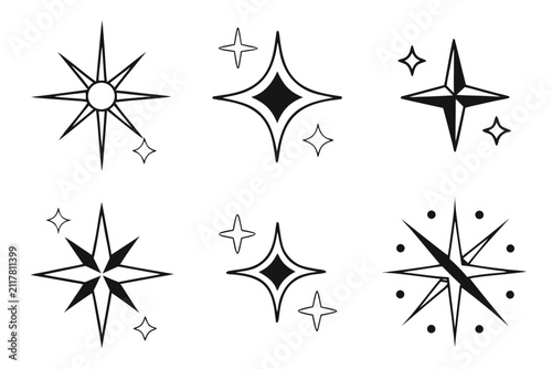 Set of eight black and white decorative snowflake icons