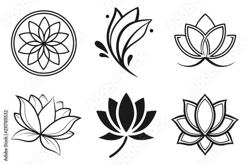 Set of six hand drawn lotus flowers in black and white