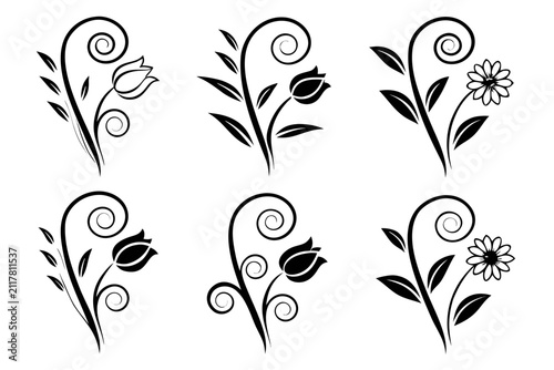 Set of six hand drawn floral branches with leaves and buds