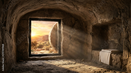 Dark tunnel opening to a bright desert landscape through a large window . Ai Generated
