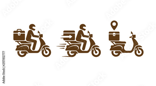 Logistics delivery icons showing food couriers riding motor scooters in brown flat design style with delivery motorcycle logistics shipping transport transportation location