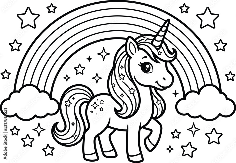 Fototapeta premium Cute unicorn coloring book page with rainbow stars cartoon outline black and white printable activity for kids preschool fun