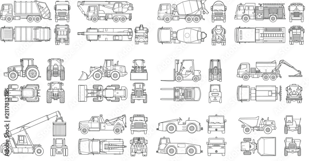 Obraz premium Construction Vehicle CAD Drawing Bundle with Heavy Equipment Technical Outline Vector Collection