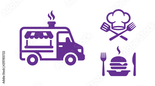 Food truck catering service icons and kitchen chef symbols with hamburger restaurant catering business silhouette culinary hospitality preparation