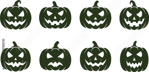 Set of eight carved Halloween pumpkins with spooky faces isolated on transparent background for seasonal designs