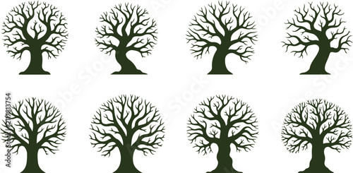 Set of eight stylized black and white tree silhouettes with intricate branch designs isolated on transparent background