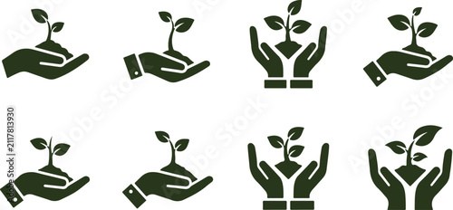 Various hands holding small plants and seedlings icons for environmental conservation and growth themes