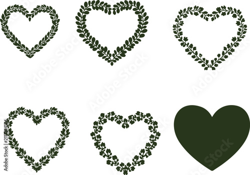 Elegant decorative heart shapes with intricate floral vine patterns for creative designs and romantic illustrations