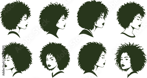 Collection of diverse black hairstyle profile illustrations featuring expressive women with voluminous afros singing or speaking