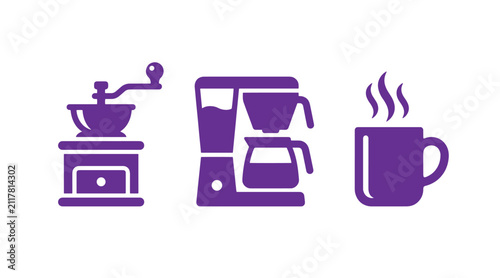 Coffee making routine icons showing manual grinder machine and mug with beverage breakfast espresso caffeine illustration collection appliance equipment steaming lifestyle