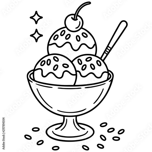 Obraz na plátně Classic Ice Cream Coloring Page With Pedestal Dessert Bowl Spoon And Sparkles Is