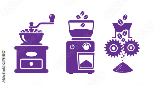 Coffee bean grinding process icons illustrating manual and electric machines with grinding mechanical electric espresso beverage preparation illustration collection