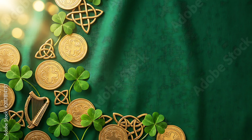 Irish coins with shamrocks and harp symbols on green textured background . Ai Generated