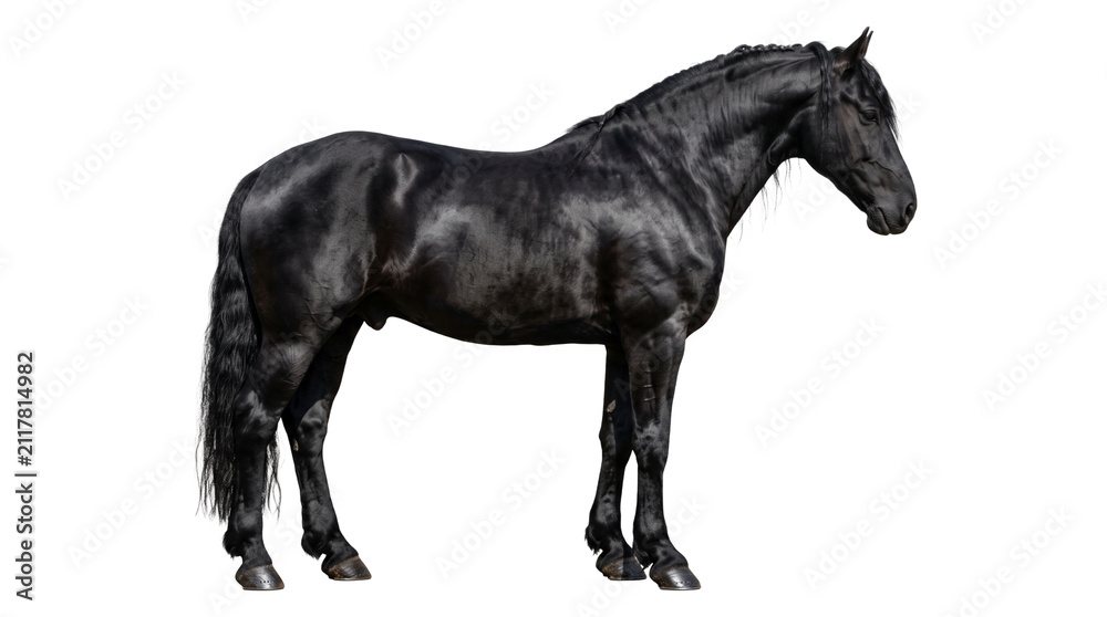 Fototapeta premium Solid black stallion horse standing in side view position with dark coat isolated on transparent background png.