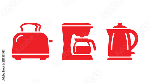 Kitchen appliance icon set including toaster coffee maker and kettle with appliance equipment breakfast illustration electric beverage preparation isolated caffeine