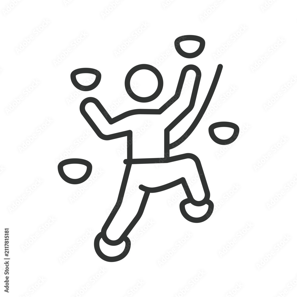 Fototapeta premium Rock climbing sport adventure icon in line design. Rock climbing, sport, adventure, extreme, outdoor, climber, mountain on white background vector. Rock climbing sport adventure editable stroke icon