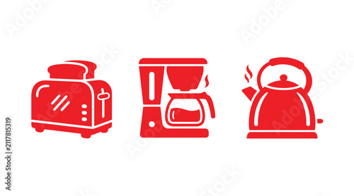 Breakfast preparation kitchen appliances icons toaster coffee machine and kettle with appliances breakfast illustration electric beverage preparation isolated caffeine