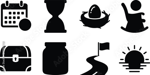 Obraz na płótnie Retirement planning vector icons set featuring calendar hourglass nest egg rocki