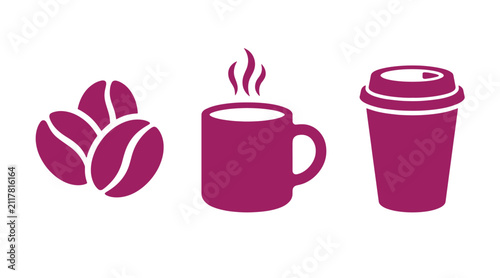 Coffee bean and hot beverage cup collection graphic icons with caffeine beverage illustration minimalist isolated espresso takeaway collection steaming breakfast