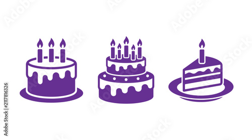 Set of three purple birthday cake icons featuring single-tier and multi-tier designs with lit candles birthday celebration illustration isolated anniversary delicious