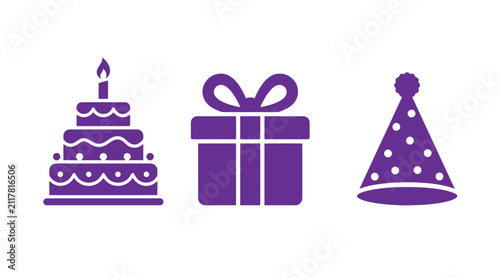 Icon collection showing a birthday cake a gift box with a bow a decorated party cone hat birthday celebration illustration isolated festival surprise accessory