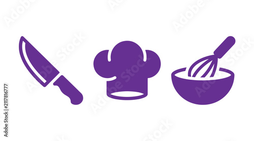 Minimalist purple kitchen utensil icons set including chef hat cooking knife and mixing bowl with whisk for culinary designs culinary restaurant equipment appliance chefwear