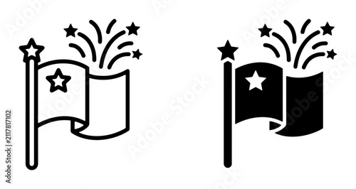 Celebration Flag Icons, Festive Star and Fireworks Symbols, Independence Day Vector Graphics, National Holiday Celebration Elements
