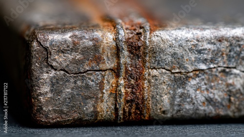 Corroded Seam Between Two Welded Car Body Panels Shows Rust and Cracked Sealant Under Soft Light From Above