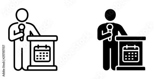Presentation Icons: Speaker with Microphone and Calendar, Public Speaking Event Symbol, Conference Announcement Graphic