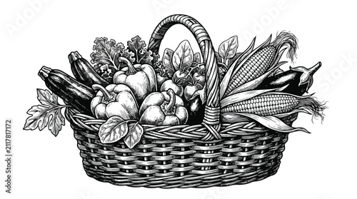 Fotografie Vintage woodcut vegetable basket vector, hand drawn engraving of fresh farm prod